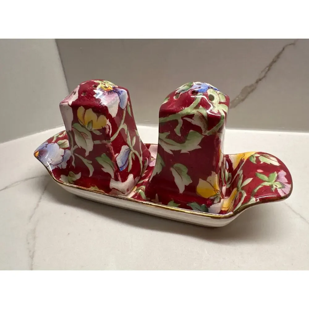 Vintage Royal Winton Grimwades Chintz June Festival Salt & Pepper Shakers Tray